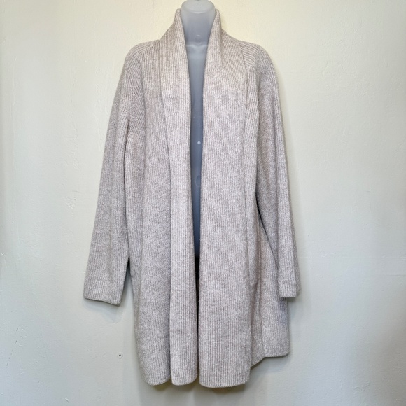 Ann Taylor | Shawl Collar Coatigan Open Front Oatmeal Knit Relaxed Cardigan - Picture 3 of 15